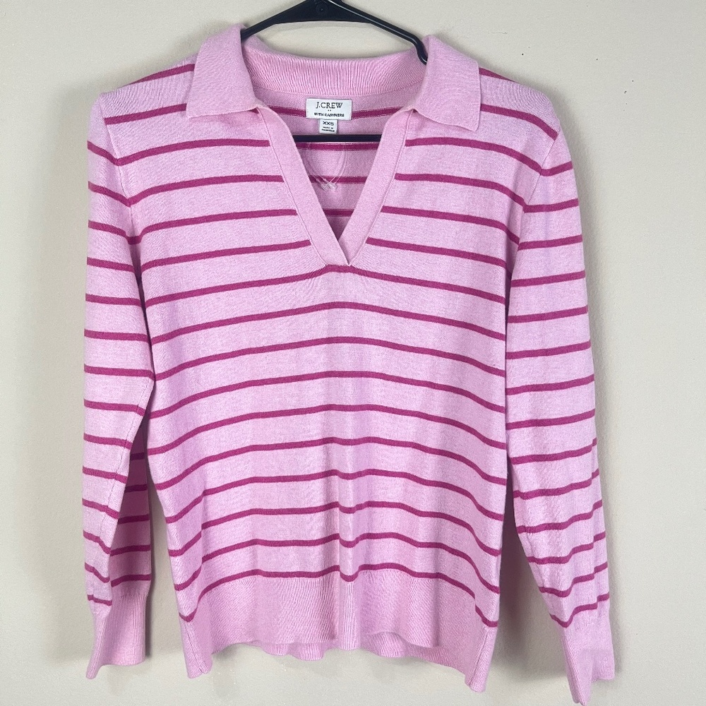 NWOT J.crew Women’s Cashmere Blend Polo Sweater Top Sz XXS Striped Pink H4
